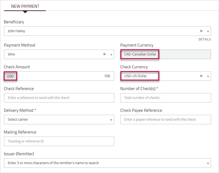 Check Processing showing USD Check Currency